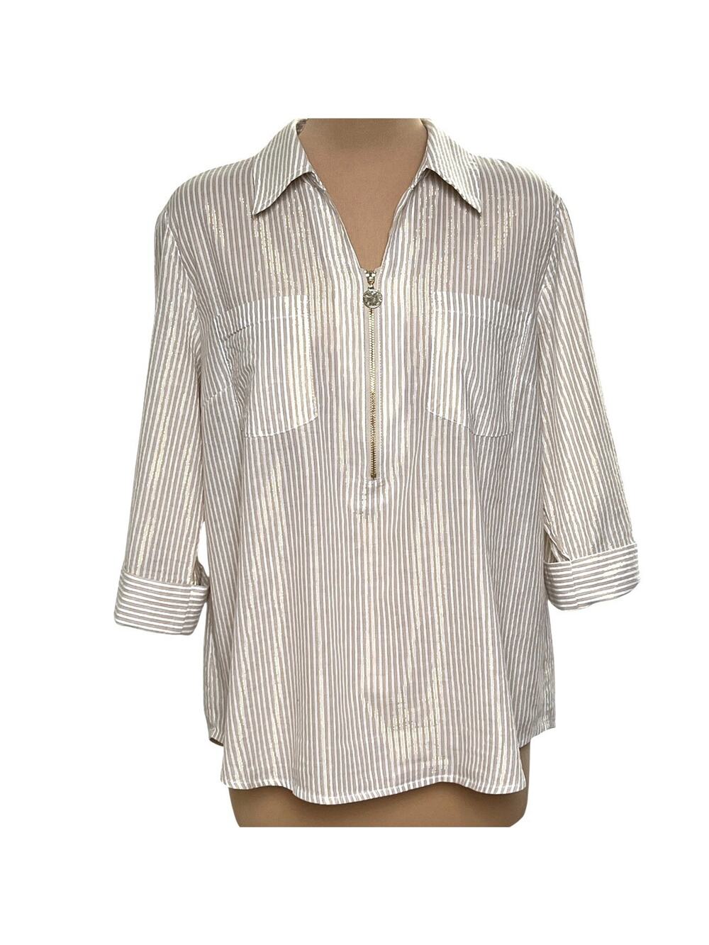 Anne Klein Blouse Size Large Quarter Zip Beige Metallic Gold Stripe Shimmer